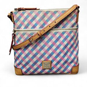 Dooney & Bourke Gingham Blue And Pink Crossbody Bag Cotton & Leather COA